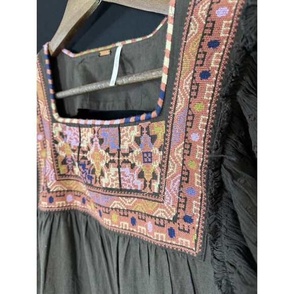 Free People Embroidered Mini Dress Brown Small Boho Western XS Folk Art Native - Picture 2 of 8